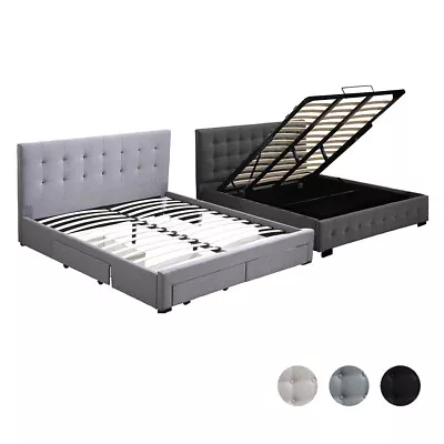 Levede Wooden Bed Frame Double Queen King Fabric Storage Mattress Base Gas Lift • $369.99