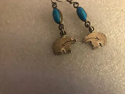 $28 • Buy Native American Sterling Silver Turquoise Earrings With Hanging Bears