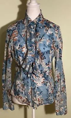 Mexx Women's Blue Floral Ruffle Front Button-Up Long Sleeve Blouse Size 6 • $8.75