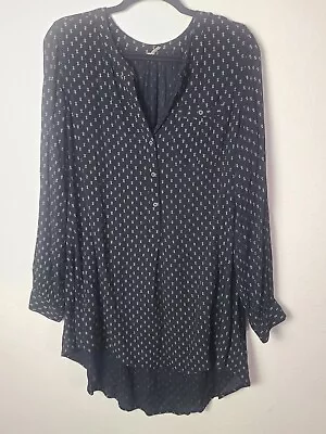 Free People Tunic Blouse Women Large High Low Hem Black Floral Coal Combo Boho • $38