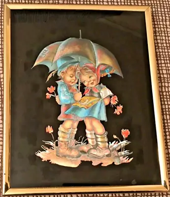 Vtg KAFKA  Foil Metal Art Picture Etching Kids Under Umbrella Hummel Style #4155 • $16