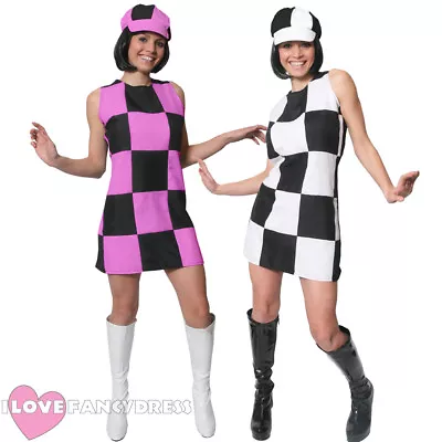 Ladies 60s Party Go Go Girl Fancy Dress Costume Womens Hippy Shift Dress And Hat • £18.99