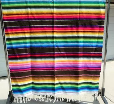 VINTAGE MEXICAN SERAPE BLANKET RUG  86  X  58  VIBRANT COLORS • $24.95