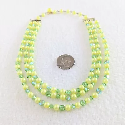 Vintage Triple Strand Spring Yellow Green AB Crystal Glass Bead Choker Necklace • $19