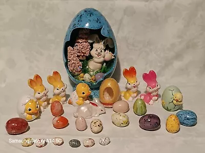 Vintage Easter Lot Ceramic Blue Diorama Egg Ceramic Mini Eggs Gurley Candle  • $49