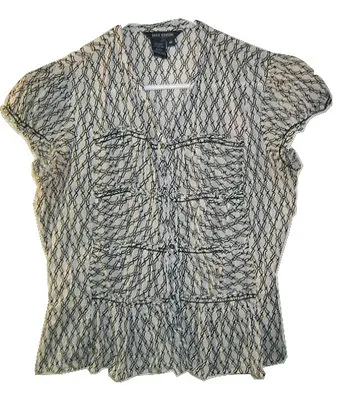 NICE MAX EDITION Button Front B&W Bohemian Peasant Geometric Blouse Shirt Top M  • $5.59