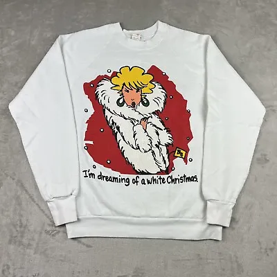 Vintage 90s White Christmas Sweatshirt Mens Medium Sparkling Funny Comic Fashion • $13.99