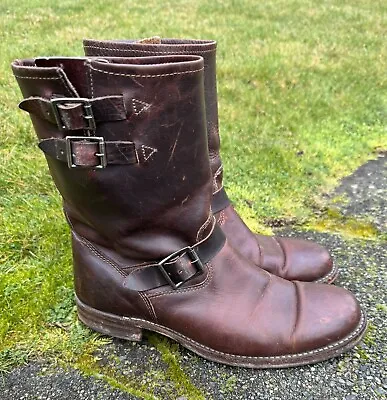 VTG Frye Engineer Brown Leather Moto Biker Boots USA Double Buckle Men’s 9.5 • $175