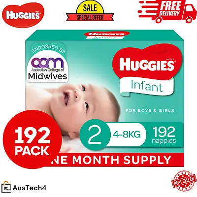 $88.90 • Buy New Huggies Infant Nappies Size 2 (4-8kg) 1 Month Supply 48/96/144/192 Count