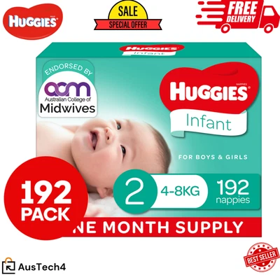 $80 • Buy New Huggies Infant Nappies Size 2 (4-8kg) 1 Month Supply 48/96/144/192 Count