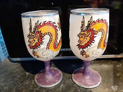 Glass Candle Tealight Holder Hand Painted Chinese Dragon. Pair. New • £20