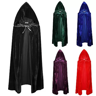 Mens Womens Velvet Hooded Cloak Medieval Pagan Witch Vampire Halloween Costume • £20.40