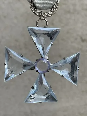 Vintage Pendant Pin Blue Lucite Rhinestone Maltese Cross Dangle Trillion Shape • $22