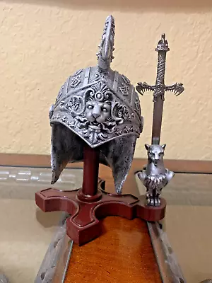 Vintage Conan The Barbarian Miniature Sword Letter Opener In Silver Helmet Stand • $45