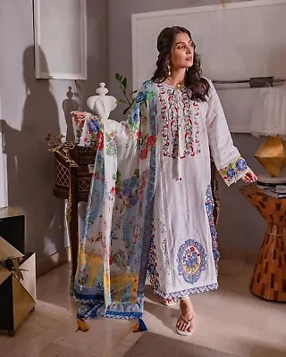 Pakistani Designer White Cotton Suit With Silk Dupatta Unstitched Shalwar Kameez • £29.99