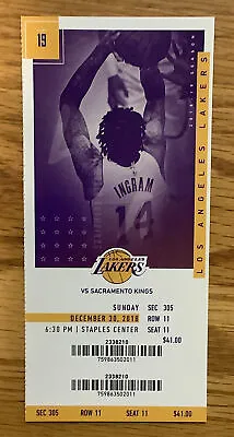 1 LA Lakers Vs Sacramento Kings 12/30/18 Ticket Stub Section 305 Row 11 Seat 11 • $5