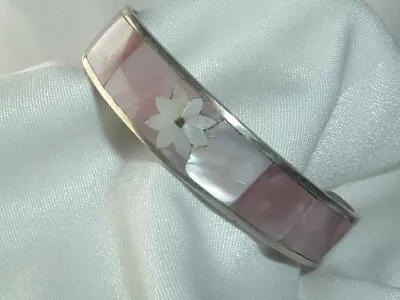 Vintage Mexican Silver Pink Abalone Shell Inlay Cuff Bracelet • $40.50