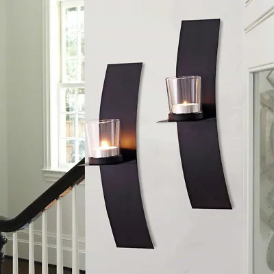 2X Black Metal Wall Mounted Tealight Candle Holder Candlestick Set Home Art Deco • £9.95