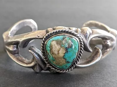 Vintage Navajo Sterling Silver Sand Cast Kingman Blue Turquoise Cuff Bracelet  • $150