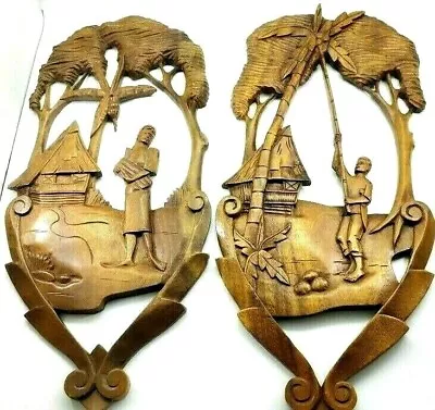 Vintage Mid Century Hawaiian Teak Philippines Wooden Wall Hangings Set Of 2 • $165.36