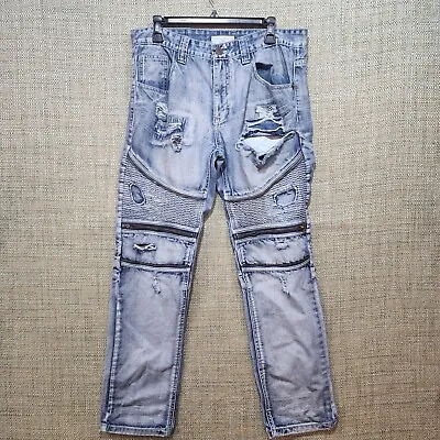 Smoke Rise Jeans Mens 36 X 32 Blue Acid Wash Gathering Zippers Super Stretch. • $12.59