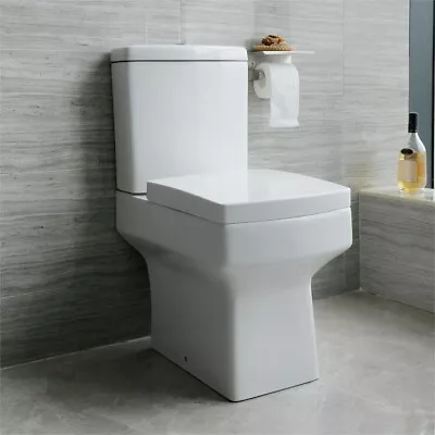 Bathroom Square White Ceramic Modern Toilet Close Coupled Pan Soft Close Seat WC • £121.38