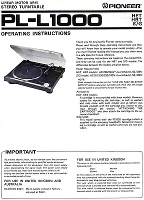 Operating Instructions For Pioneer PL-L1000 • $16.27