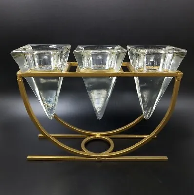 3 X Pyramid Clear Glass Candle Holders & Metal Frame Centrepiece • £15.25