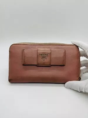 Authentic PRADA TESSUTO Saffiano Leather Ribbon Wallet Zippy Purse Pink Beige • $17.25