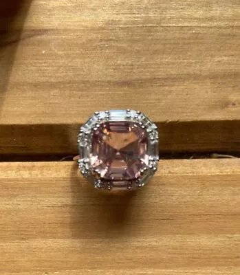 QVC Diamonique Simulated Morganite Art Deco Style Cocktail Silver Ring Size O • £24