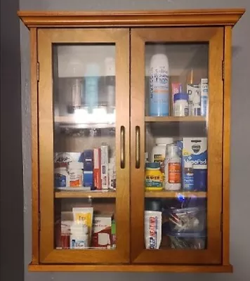 Glass Door Wall Cabinet With Adjustable Shelves Brown Kitchen Bathroom Cupboard • $129.89