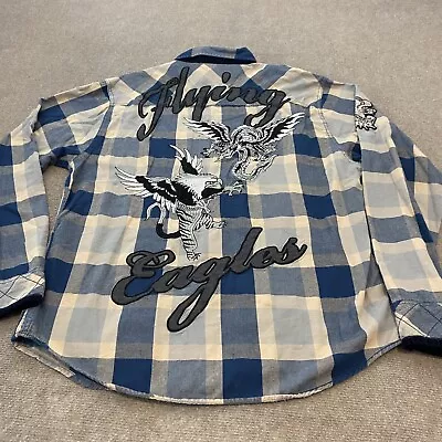 Ed Hardy Flannel Shirt Mens Size XL Flying Eagles Embroidered Blue Gray Plaid • $24.95