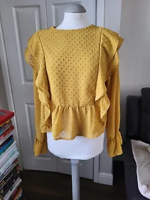 Mustard Yellow Smart Frilly Blouse Top Size M • £2.49