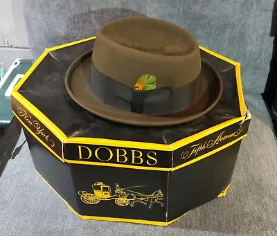 Vintage Dobbs Fedora Olive 5 7/8 Hat Feather Collectible Original Box HTF RARE • $25