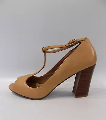 Block Heel Shoes Bertie Size 7 Women Tan Leather T Bar Strap Peep Toe High Court • £27.95