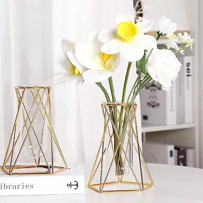 4 Pcs Gold Geometric Vase For Centerpieces Metal Flower Stand With Glass Cylinde • $22.45