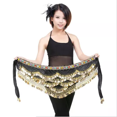 Velvet Dangling Gold Coins Belly Dancing Hip Skirt Scarf Wrap Belt Black • £14.56