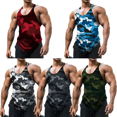 Mens Gym Vest Racerback Bodybuilding Muscle Stringer Tank Top Bodybuilding Vest • £9.41