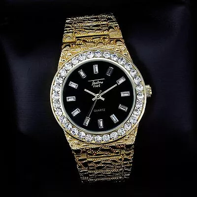 Men's Iced Luxury Hip Hop Golden Nugget Bling Black Dial Wrist Metal Shiny Watch • $23.99