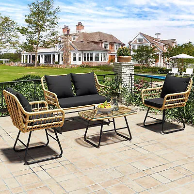 4PCS Patio Rattan Sofa Set Outdoor Garden PE Cushioned Couch Wicker Furniture • $263.54