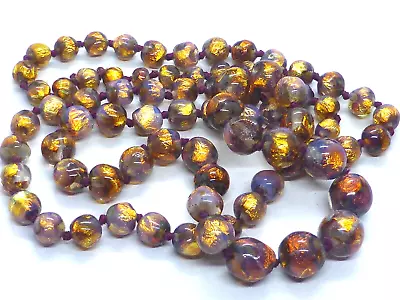 Long Vintage Opalescent Venetian Foil Glass Beads Necklace Round Beads • £3.20