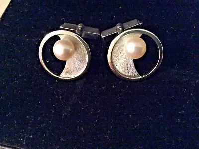 Mikimoto Silver Pearl Cufflinks Mid Century Vintage • $125