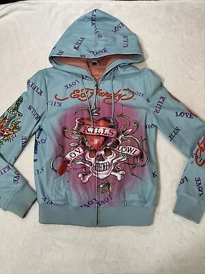 Ed Hardy Vintage Embroidered Leather Jacket Light Blue Pink Size Large • $99.95