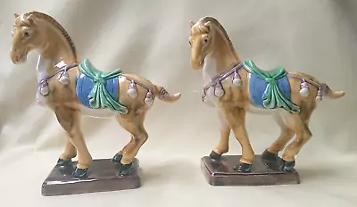 Pair Of Tang Sancai Drip Glazed War Horses 14 Cms Tall • £29.50