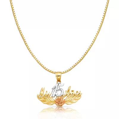 14K 3 Tone Gold Quinceanera Mis 15 Anos Charm Pendant & 0.8mm Box Chain Necklace • $420