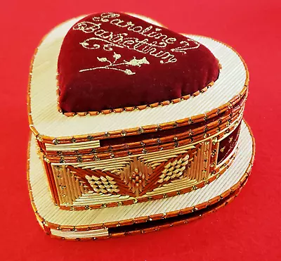 VINTAGE TRAMP ART *HEART-SHAPED* JEWELRY KEEP-SAKE BOX - 7.5x7.5x4  - VERY NICE! • $149