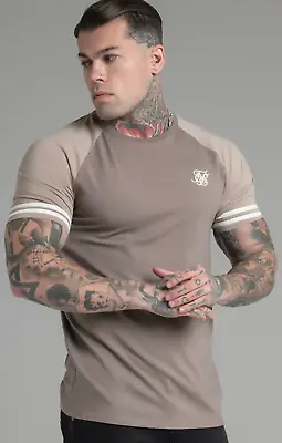 SikSilk Men's Raglan Contrast Muscle Fit T-Shirt Tee Beige • £28