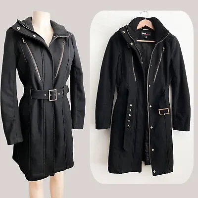 M60 Miss Sixty Black Wool Classic Belted Trench Dress Coat Gold Zip Rib Collared • $49.99