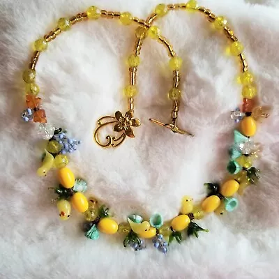 Venetian Glass Beaded Necklace Vintage Yellow Birds FlowerBerries Italy 22 Inch • $45
