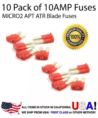 Premium 10 Pack 10 AMP Automotive APT ATR MICRO2 Blade Fuses 10A • $6.99